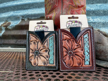 Load image into Gallery viewer, Hand Tooled Leather Boot Wallet with Flower and Southwest Bar
