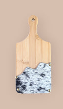 Load image into Gallery viewer, Cowhide Mini Cutting Board | Western Charcuterie Board | 11βx5β Wood Serving Board | Genuine Cowhide Kitchen Decor | Rustic Hostess Gift