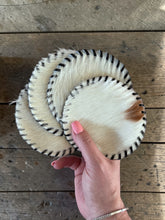 Load image into Gallery viewer, Real Cowhide Coasters Set of 4 | Hair on Hide Western Coasters | Rustic Leather Drink Coasters | Farmhouse Ranch Decor | Cowboy Bar Coasters | Housewarming Gift