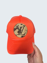 Load image into Gallery viewer, Western Camo Patch Trucker Hat | Coral Snapback Cap | Rustic Hair on Hide Patch Hat | Boutique Upcycled Hat | Custom Western Style