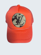 Load image into Gallery viewer, Western Camo Patch Trucker Hat | Coral Snapback Cap | Rustic Hair on Hide Patch Hat | Boutique Upcycled Hat | Custom Western Style