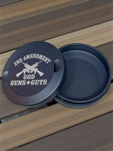 Load image into Gallery viewer, Nicotine Pouch Tin | Snus Tin | 2nd Amendment | God, Guns, Guts| Aluminum Travel Tin