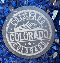 Load image into Gallery viewer, Set of 4 Slate Coasters | Colorado with Mountains | Laser Engraved | Circle Coaster | Wedding Gift | Nature Lover | Colorado Gift