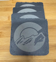 Load image into Gallery viewer, Set of 4 Slate Coasters | Colorado Flag with Mountains | Laser Engraved | Square Coaster | Wedding Gift | Nature Lover | Colorado Gift
