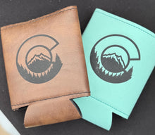 Load image into Gallery viewer, Colorado Faux Leather Can Cooler | Mountain & Trees Design | Rustic Beer Sleeve | Colorado Gift for Him | Hiking Camping Outdoors Drink Holder