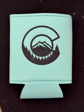 Load image into Gallery viewer, Colorado Faux Leather Can Cooler | Mountain & Trees Design | Rustic Beer Sleeve | Colorado Gift for Him | Hiking Camping Outdoors Drink Holder