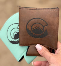 Load image into Gallery viewer, Colorado Faux Leather Can Cooler | Mountain & Trees Design | Rustic Beer Sleeve | Colorado Gift for Him | Hiking Camping Outdoors Drink Holder