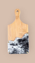 Load image into Gallery viewer, Cowhide Mini Cutting Board | Western Charcuterie Board | 11”x5” Wood Serving Board | Genuine Cowhide Kitchen Decor | Rustic Hostess Gift
