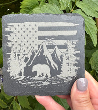 Load image into Gallery viewer, Set of 4 Slate Coasters | American Flag | Bear | Mountains | Laser Engraved | Square Coaster | Wedding Gift | Nature Lover | Gift
