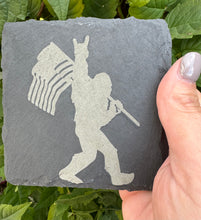 Load image into Gallery viewer, Set of 4 Slate Coasters | Bigfoot with American Flag| Laser Engraved | Square Coaster | Wedding Gift | Bigfoot Lover | Sasquatch Gift
