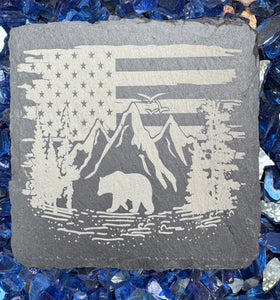 Set of 4 Slate Coasters | American Flag | Bear | Mountains | Laser Engraved | Square Coaster | Wedding Gift | Nature Lover | Gift