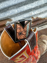 Load image into Gallery viewer, Hand Tooled Leather Boot Wallet with Flower and Southwest Bar
