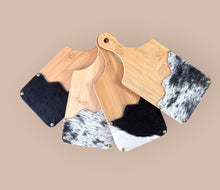 Load image into Gallery viewer, Cowhide Mini Cutting Board | Western Charcuterie Board | 11”x5” Wood Serving Board | Genuine Cowhide Kitchen Decor | Rustic Hostess Gift
