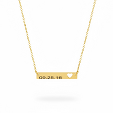 Load image into Gallery viewer, Personalized Date Bar Necklace | Custom Gold Bar Necklace | Anniversary Necklace | Wedding Date Necklace | Minimalist Jewelry Gift
