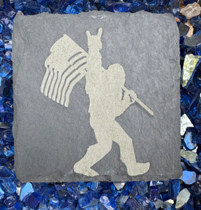 Set of 4 Slate Coasters | Bigfoot with American Flag| Laser Engraved | Square Coaster | Wedding Gift | Bigfoot Lover | Sasquatch Gift