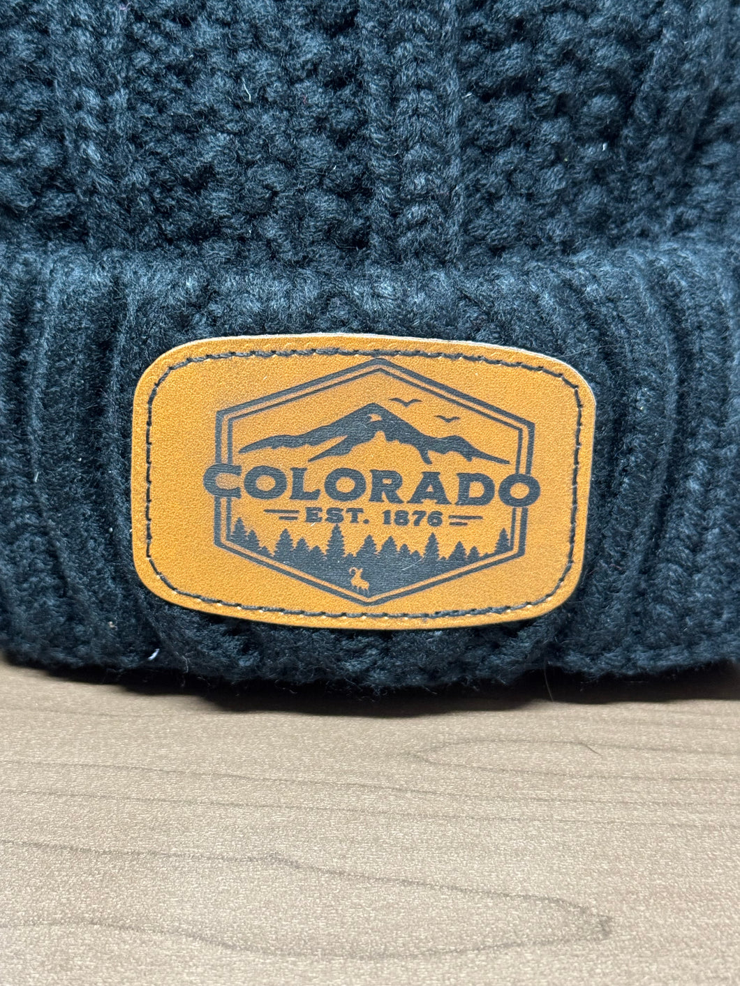 Custom Leather Patch Colorado Beanie | Winter Hat | Custom Beanie | Women’s Winter Hat | Colorado Gift | Rocky Mountains | Pom Pom Beanie