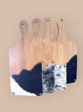 Load image into Gallery viewer, Cowhide Mini Cutting Board | Western Charcuterie Board | 11”x5” Wood Serving Board | Genuine Cowhide Kitchen Decor | Rustic Hostess Gift
