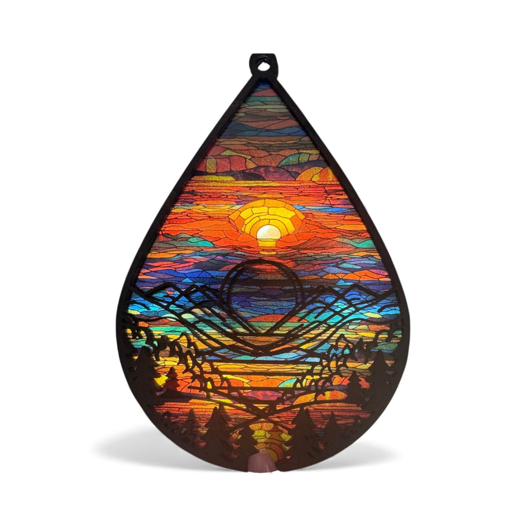 Mountain Sunset Stained Glass Sun Catcher – Teardrop Window Hanging | Rainbow Light Catcher | Laser Cut Boho Decor