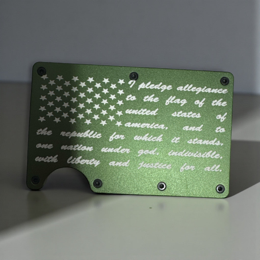 Pledge of Allegiance Wallet – Engraved American Flag Minimalist Metal Wallet | Patriotic RFID Blocking Wallet for Men | Tactical EDC Gift