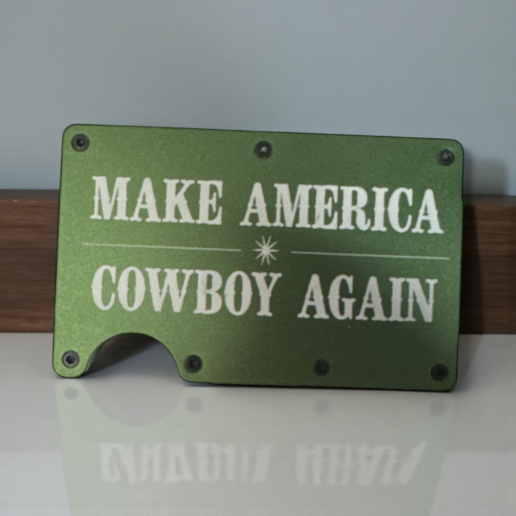 Make America Cowboy Again Wallet – Engraved Minimalist Metal Wallet | Western RFID Blocking Wallet for Men | Cowboy Gift | Country EDC Wallet