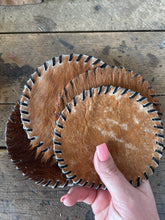 Load image into Gallery viewer, Real Cowhide Coasters Set of 4 | Hair on Hide Western Coasters | Rustic Leather Drink Coasters | Farmhouse Ranch Decor | Cowboy Bar Coasters | Housewarming Gift
