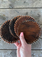 Load image into Gallery viewer, Real Cowhide Coasters Set of 4 | Hair on Hide Western Coasters | Rustic Leather Drink Coasters | Farmhouse Ranch Decor | Cowboy Bar Coasters | Housewarming Gift
