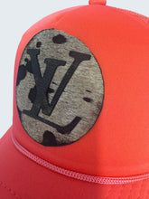 Load image into Gallery viewer, Western Camo Patch Trucker Hat | Coral Snapback Cap | Rustic Hair on Hide Patch Hat | Boutique Upcycled Hat | Custom Western Style

