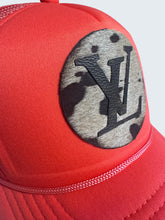 Load image into Gallery viewer, Western Camo Patch Trucker Hat | Coral Snapback Cap | Rustic Hair on Hide Patch Hat | Boutique Upcycled Hat | Custom Western Style
