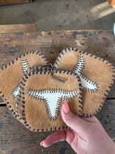 Load image into Gallery viewer, Cowhide Coasters Set of 4 | Longhorn Hair on Hide Coasters | Western Leather Drink Coasters | Rustic Ranch Decor | Cowboy Bar Coasters Gift
