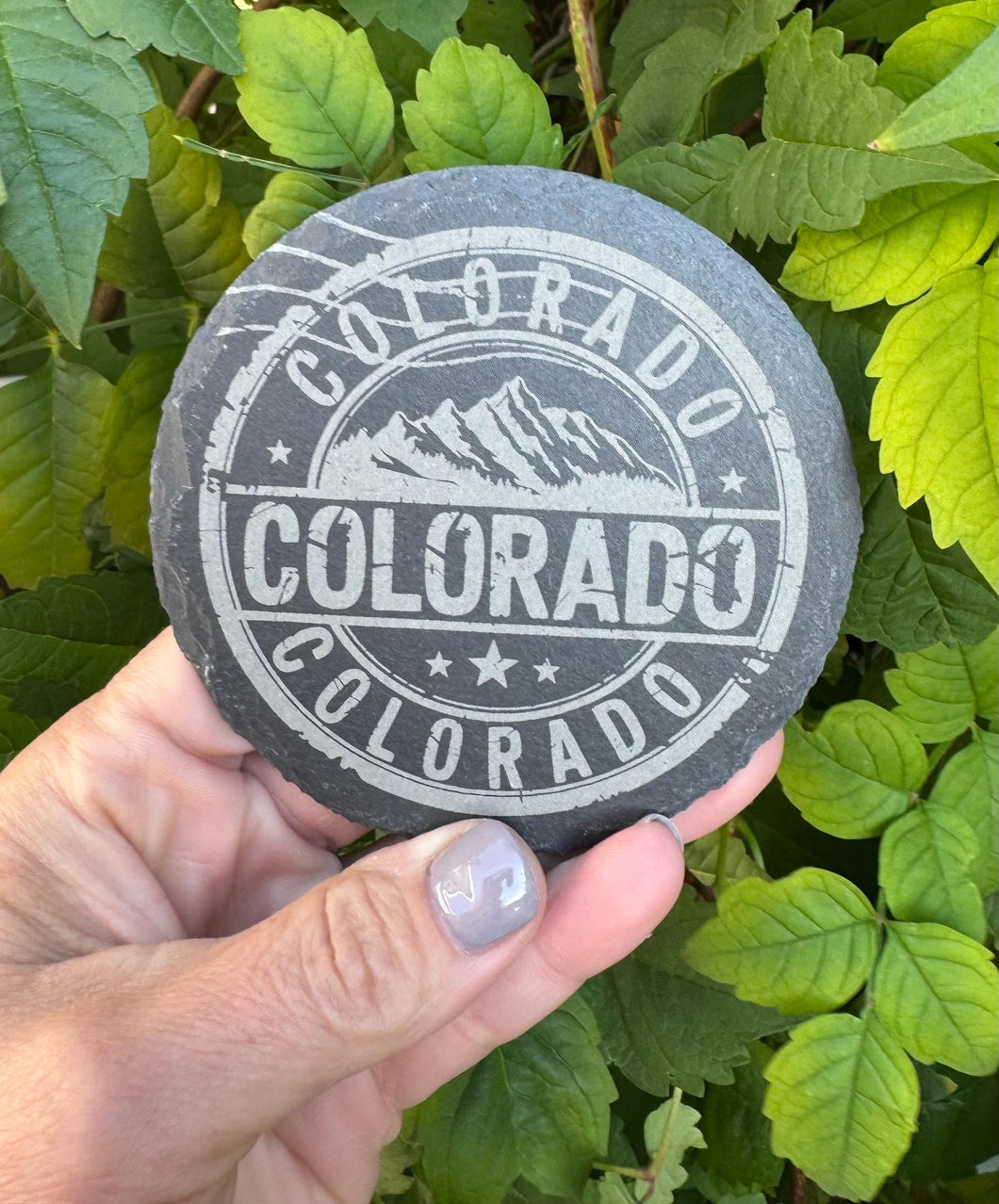 Set of 4 Slate Coasters | Colorado with Mountains | Laser Engraved | Circle Coaster | Wedding Gift | Nature Lover | Colorado Gift