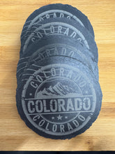 Load image into Gallery viewer, Set of 4 Slate Coasters | Colorado with Mountains | Laser Engraved | Circle Coaster | Wedding Gift | Nature Lover | Colorado Gift
