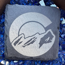 Load image into Gallery viewer, Set of 4 Slate Coasters | Colorado Flag with Mountains | Laser Engraved | Square Coaster | Wedding Gift | Nature Lover | Colorado Gift
